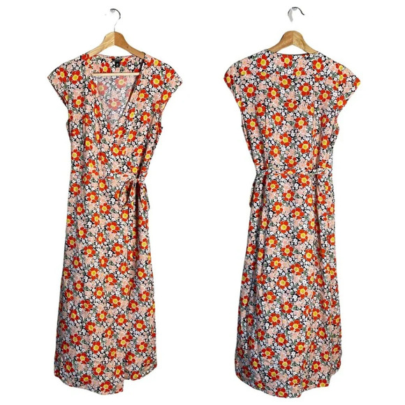 J.Crew Mercantile Short Sleeve Floral Midi Wrap Dress Women's XS Orange V-Neck - Picture 2 of 14
